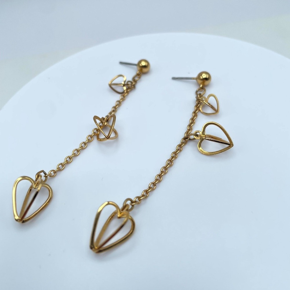 Y2K Gold-Tone Round Link Chain Multiple Heart Shaped Charms Dangle Earrings